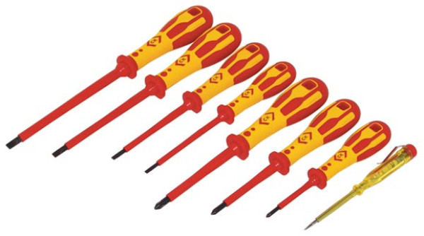 DEXTRO VDE SCREWDRIVER SET 8PC?ÃÂ??3 POZI + 4 SLOT + MAINSTESTER?ÃÂ??SLOT:2.5X75,4X100,5.5X25?ÃÂ??6.5MMX50 & POZI:0,1,2 T49193