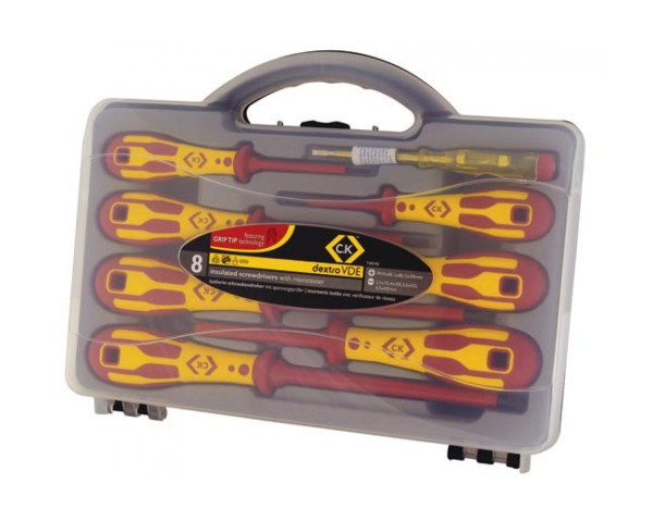 DEXTRO VDE SCREWDRIVER SET 8PC?ÃÂ??3 POZI + 4 SLOT + MAINSTESTER?ÃÂ??SLOT:2.5X75,4X100,5.5X25?ÃÂ??6.5MMX50 & POZI:0,1,2 T49193